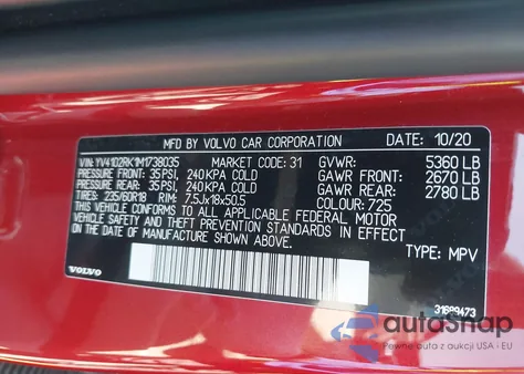 2021 Volvo Xc60 T5 Momentum z USA, uszkodzony, nr VIN YV4102RK1M1738035